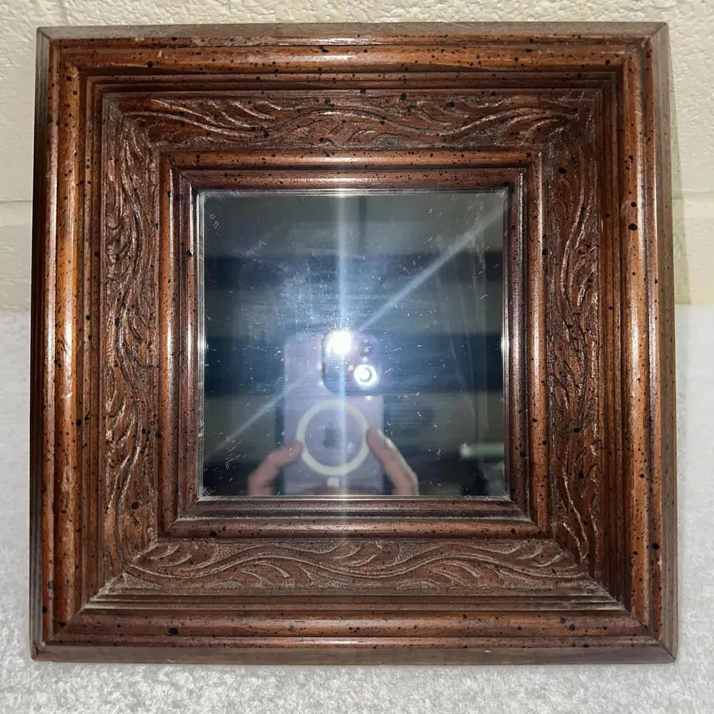 Set Of 2 Vtg Solid Wood Carved Ornate Detailed frame Mirror Wall Mount 8x8x2
